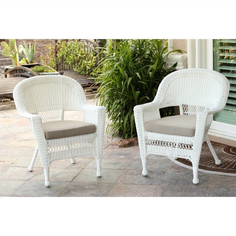 Afuera Living Wicker / Rattan Chair with Cushion in White/Tan (Set of 2)