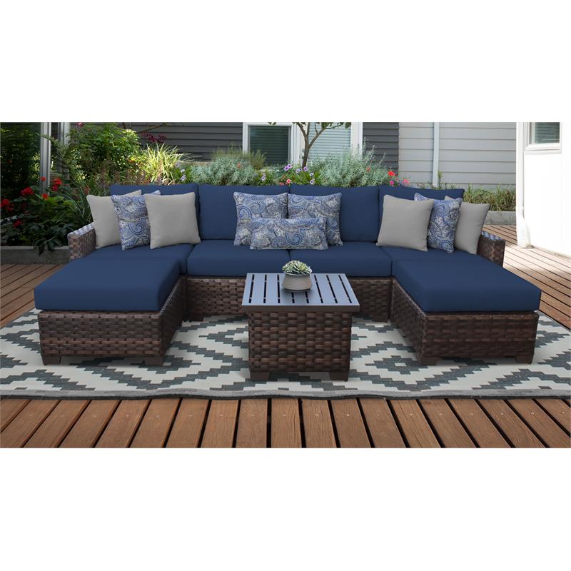 Afuera Living 7 Piece Outdoor Wicker Patio Furniture Set 07a in Navy