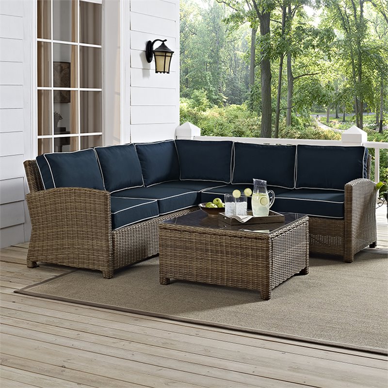 Afuera Living Modern 4 Piece Wicker Patio Sectional Set in Brown and Navy