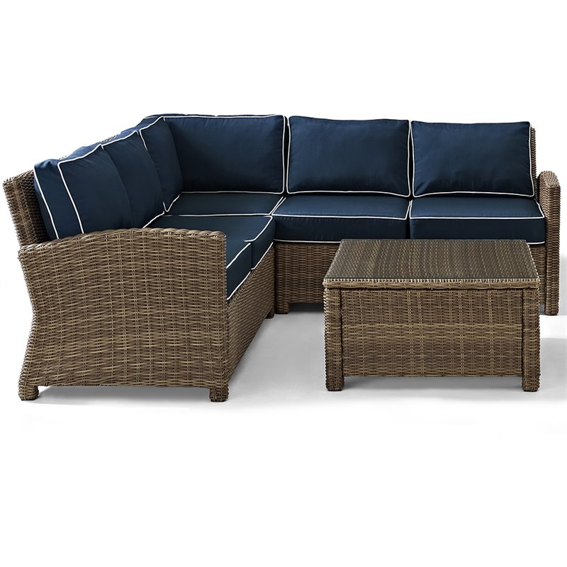 Afuera Living Modern 4 Piece Wicker Patio Sectional Set in Brown and Navy