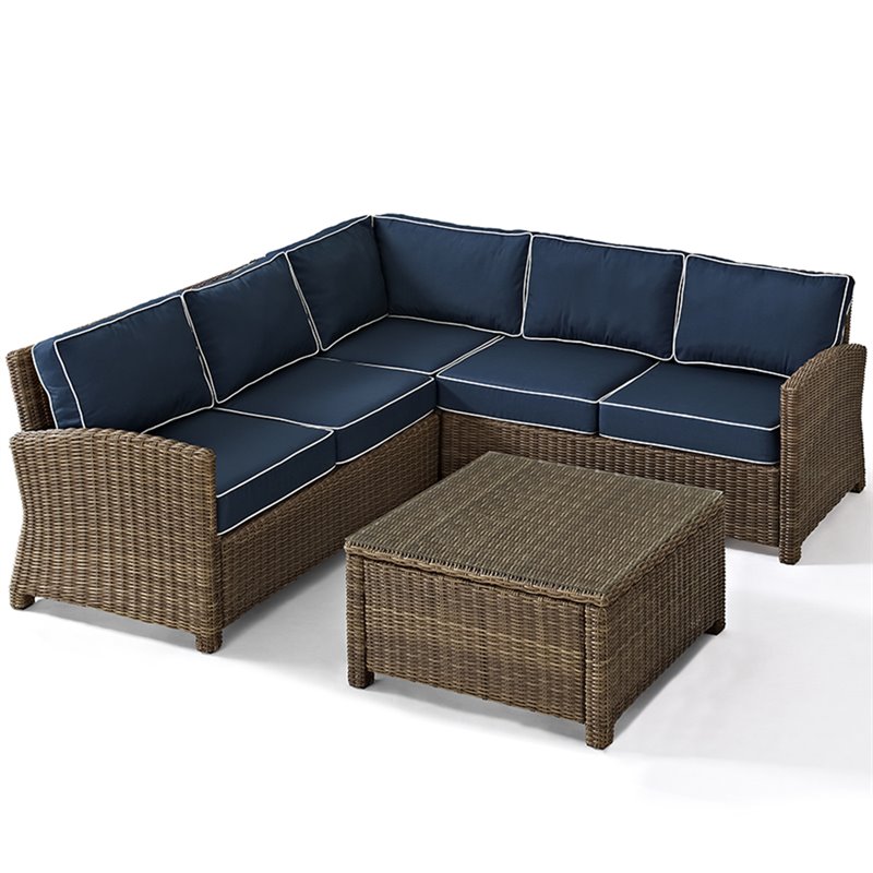 Afuera Living Modern 4 Piece Wicker Patio Sectional Set in Brown and Navy