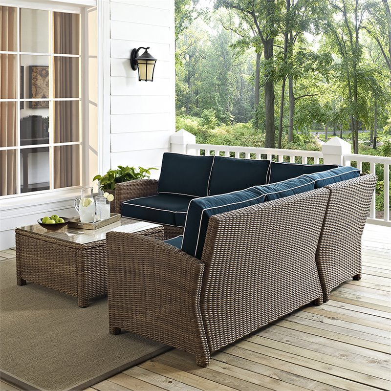 Afuera Living Modern 4 Piece Wicker Patio Sectional Set in Brown and Navy