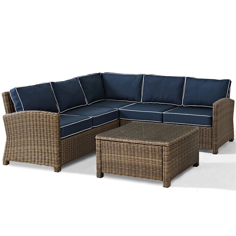 Afuera Living Modern 4 Piece Wicker Patio Sectional Set in Brown and Navy