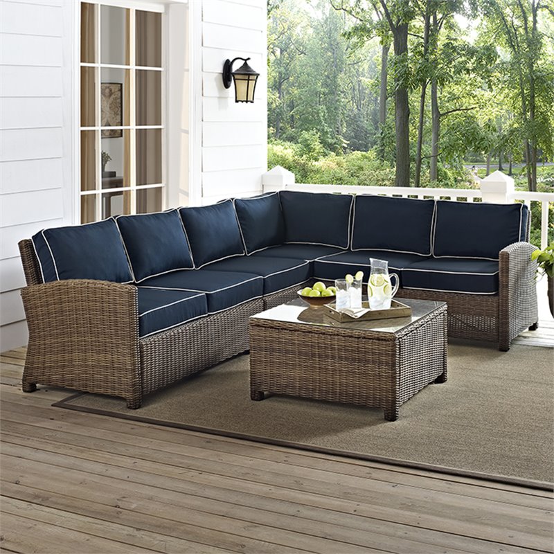 Afuera Living Modern 5 Piece Wicker Patio Sectional Set in Brown and Navy