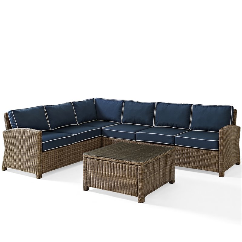 Afuera Living Modern 5 Piece Wicker Patio Sectional Set in Brown and Navy