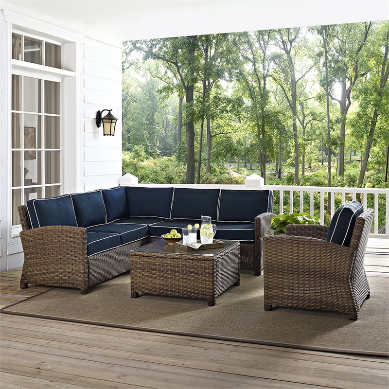 Afuera Living Modern 5 Piece Wicker Patio Sectional Set in Brown and Navy