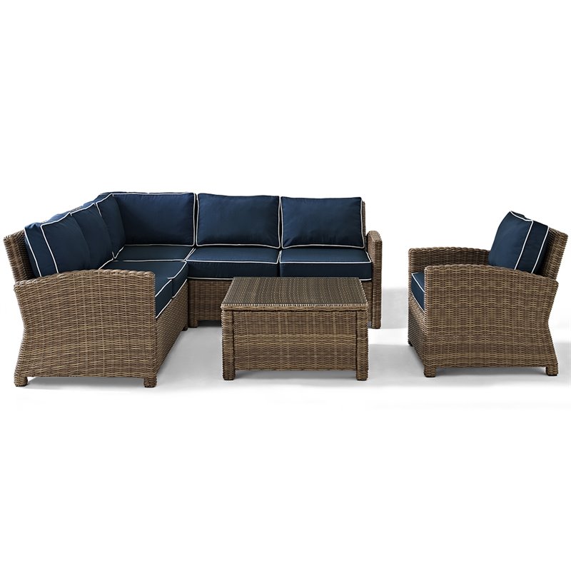 Afuera Living Modern 5 Piece Wicker Patio Sectional Set in Brown and Navy