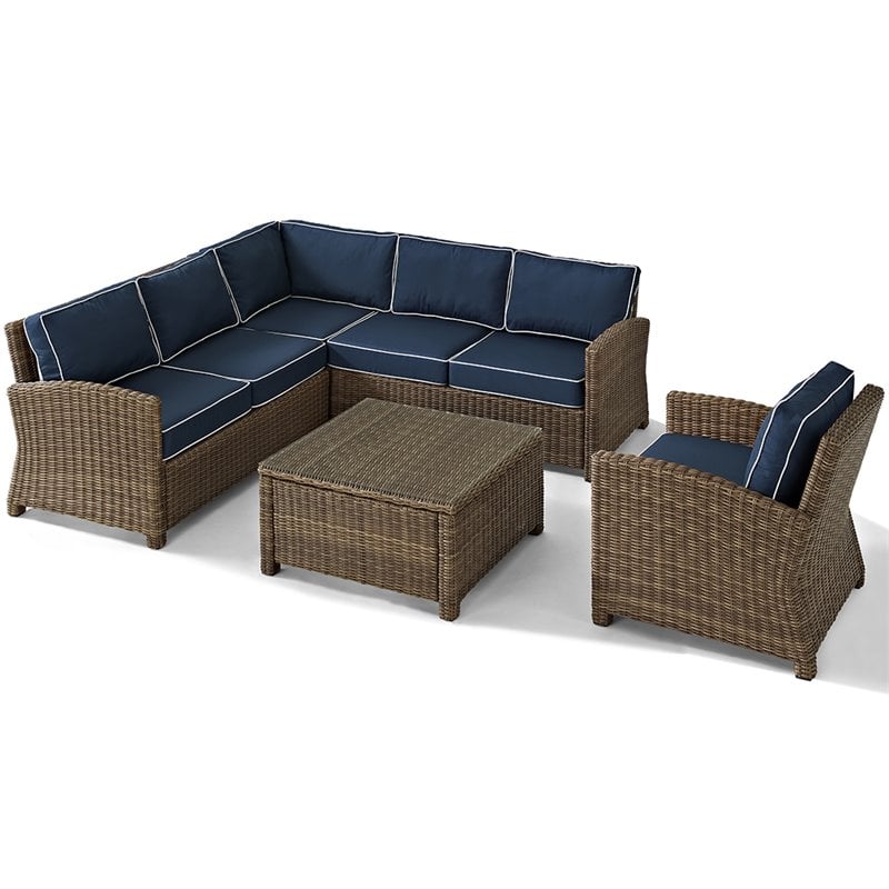 Afuera Living Modern 5 Piece Wicker Patio Sectional Set in Brown and Navy