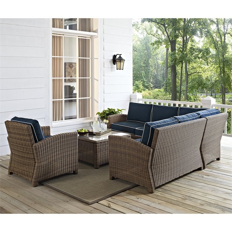 Afuera Living Modern 5 Piece Wicker Patio Sectional Set in Brown and Navy
