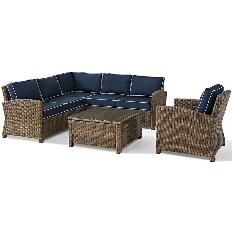 Afuera Living Modern 5 Piece Wicker Patio Sectional Set in Brown and Navy