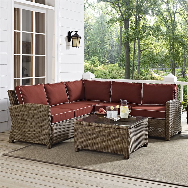 Afuera Living Modern 4 Piece Wicker Patio Sectional Set in Brown and Sangria