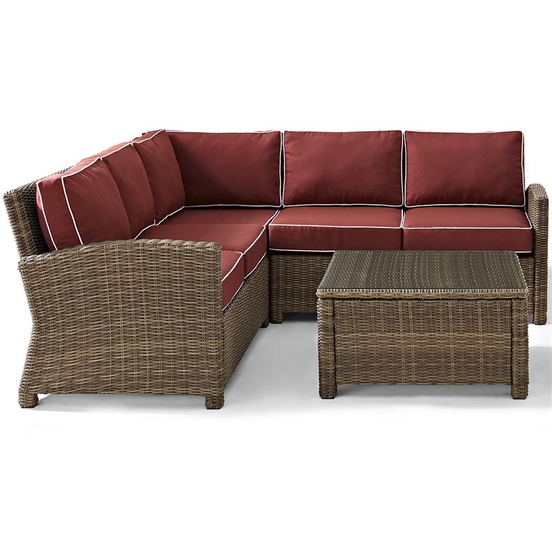 Afuera Living Modern 4 Piece Wicker Patio Sectional Set in Brown and Sangria
