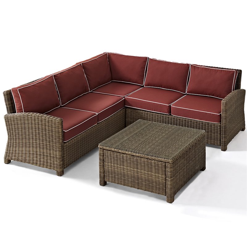 Afuera Living Modern 4 Piece Wicker Patio Sectional Set in Brown and Sangria