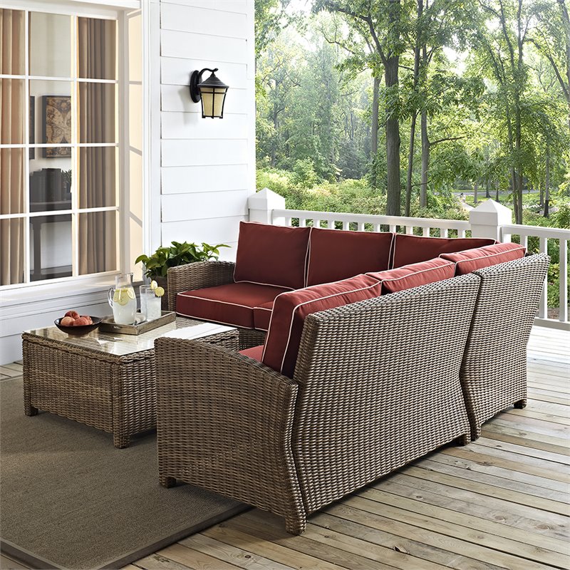 Afuera Living Modern 4 Piece Wicker Patio Sectional Set in Brown and Sangria