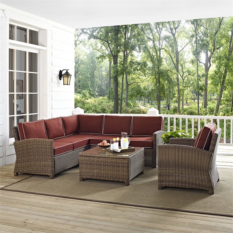 Afuera Living Modern 5 Piece Wicker Patio Sectional Set in Brown and Sangria