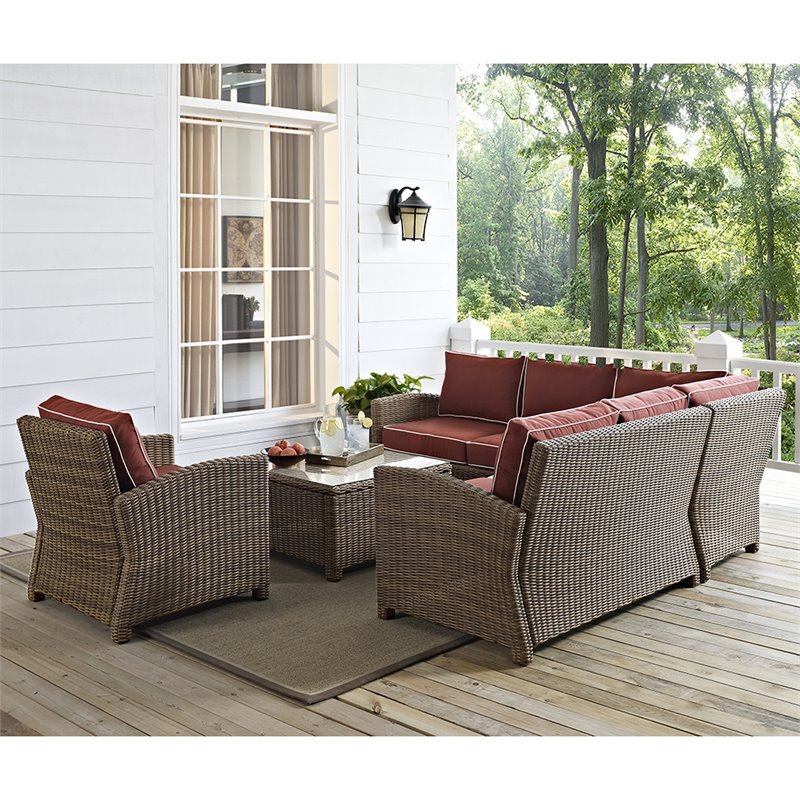 Afuera Living Modern 5 Piece Wicker Patio Sectional Set in Brown and Sangria