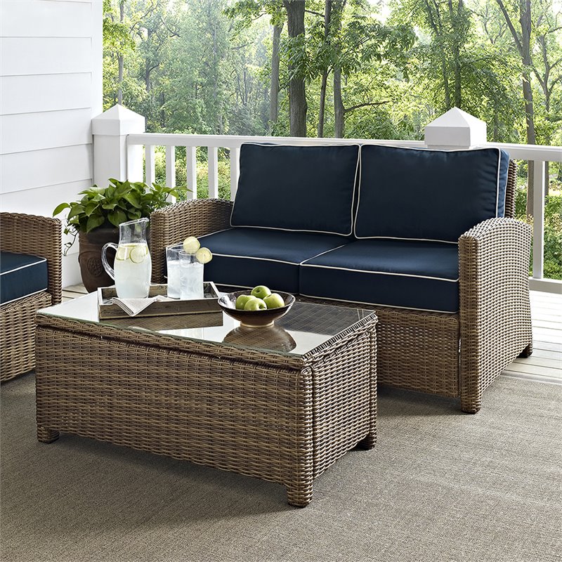 Afuera Living Modern 2 Piece Wicker Patio Sofa Set in Brown and Navy
