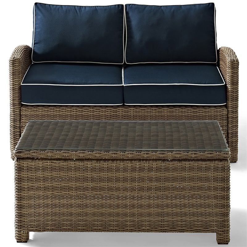 Afuera Living Modern 2 Piece Wicker Patio Sofa Set in Brown and Navy