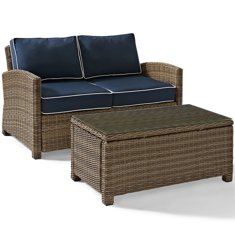 Afuera Living Modern 2 Piece Wicker Patio Sofa Set in Brown and Navy