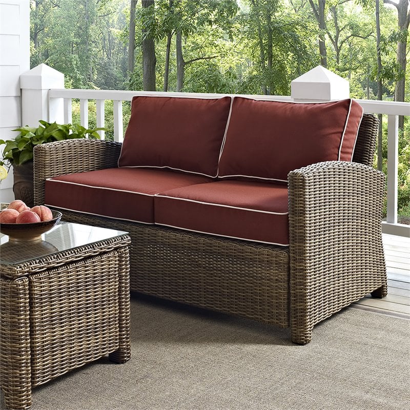 Afuera Living Modern Wicker Patio Loveseat in Brown and Sangria