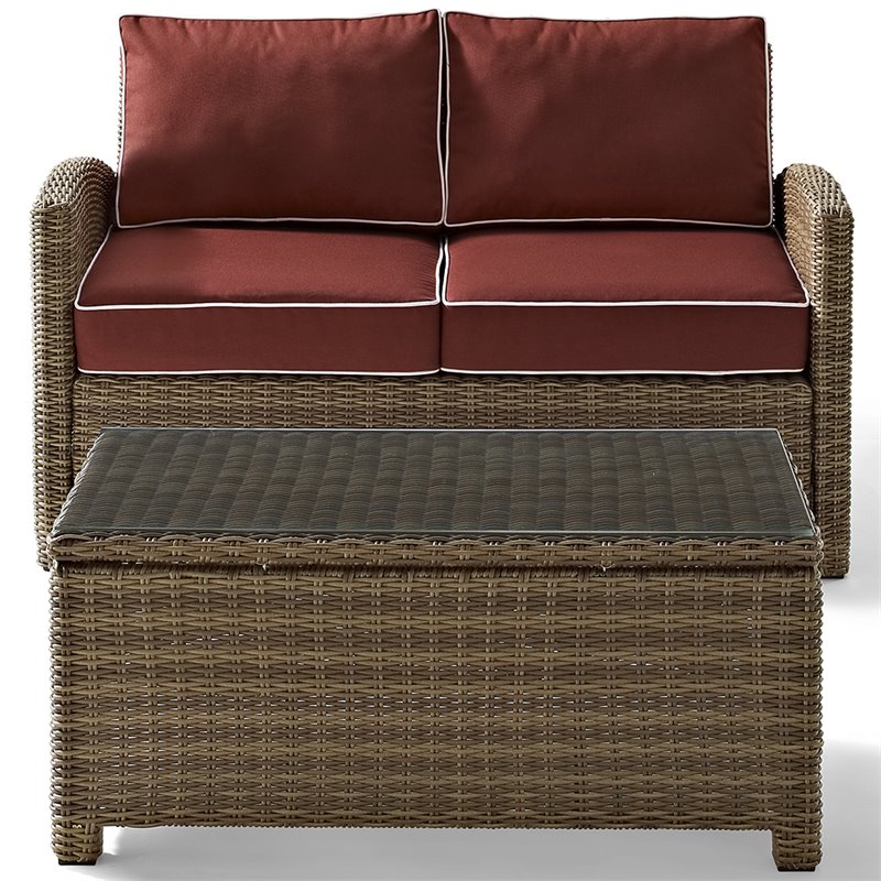 Afuera Living Modern 2 Piece Wicker Patio Sofa Set in Brown and Sangria