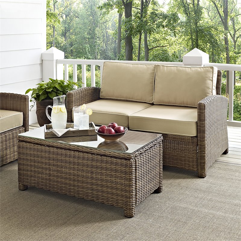 Afuera Living Modern 2 Piece Wicker Patio Sofa Set in Brown and Sand