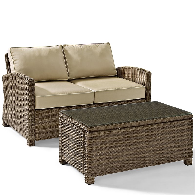 Afuera Living Modern 2 Piece Wicker Patio Sofa Set in Brown and Sand