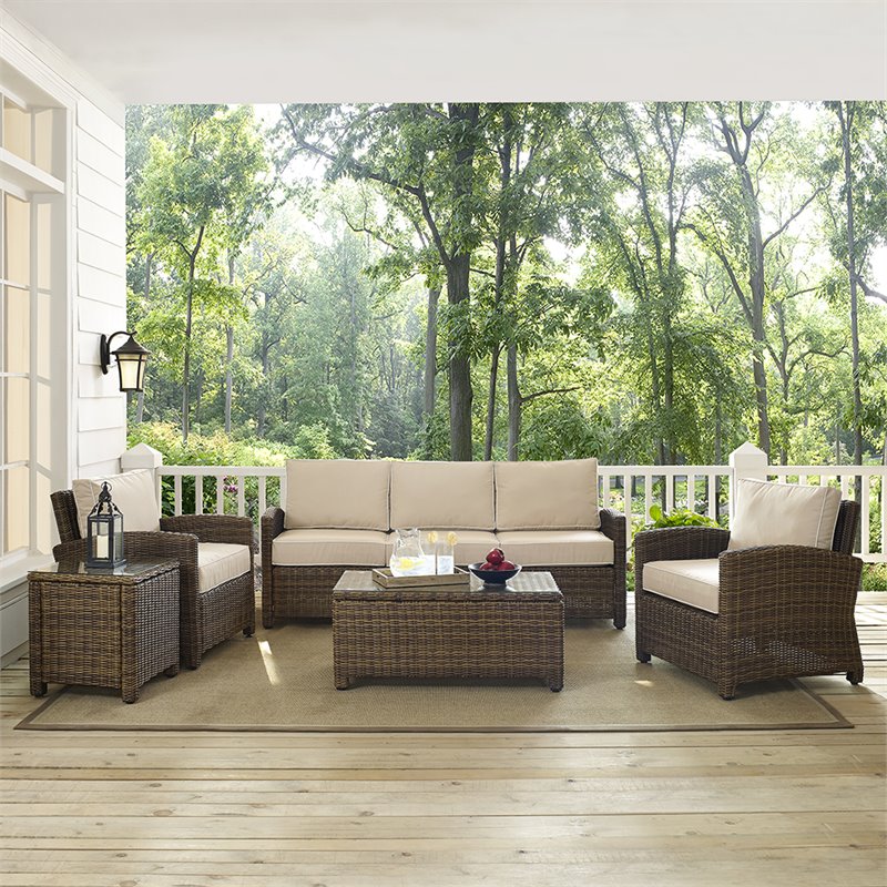 Afuera Living Transitional 5 Piece Wicker Patio Sofa Set in Brown and Sand