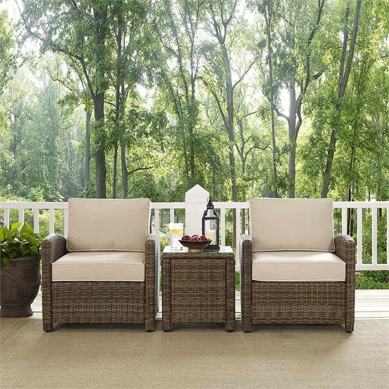 Afuera Living Modern 3 Piece Wicker Patio Conversation Set in Brown and Sand