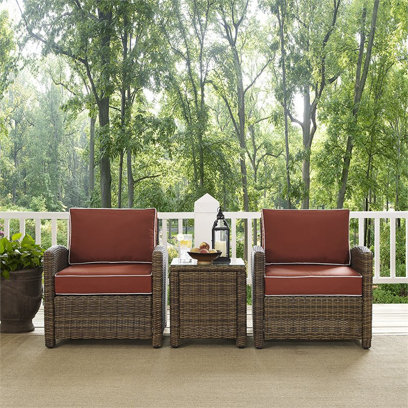 Afuera Living Modern 3 Piece Wicker Patio Conversation Set in Brown and Sangria