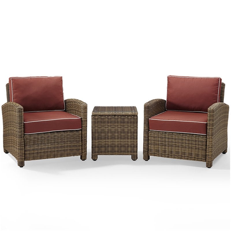 Afuera Living Modern 3 Piece Wicker Patio Conversation Set in Brown and Sangria