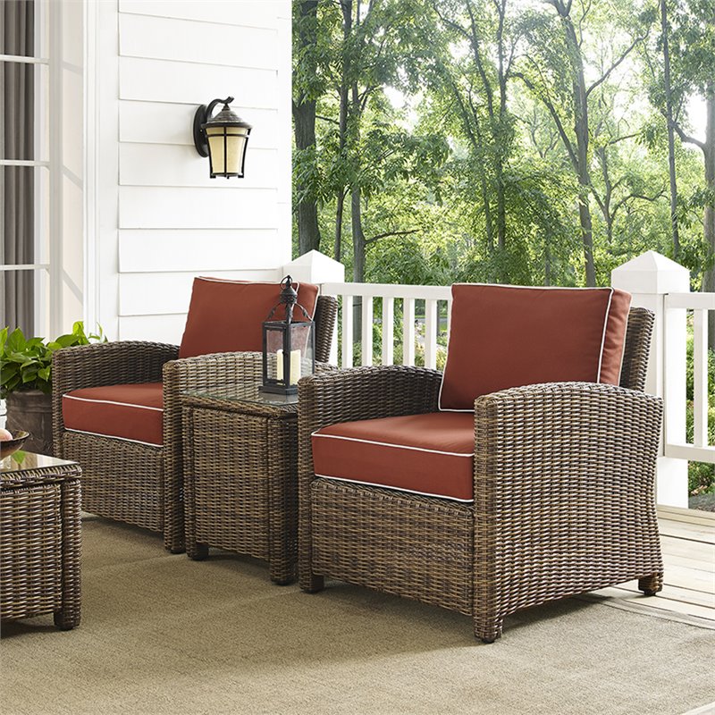 Afuera Living Modern 3 Piece Wicker Patio Conversation Set in Brown and Sangria