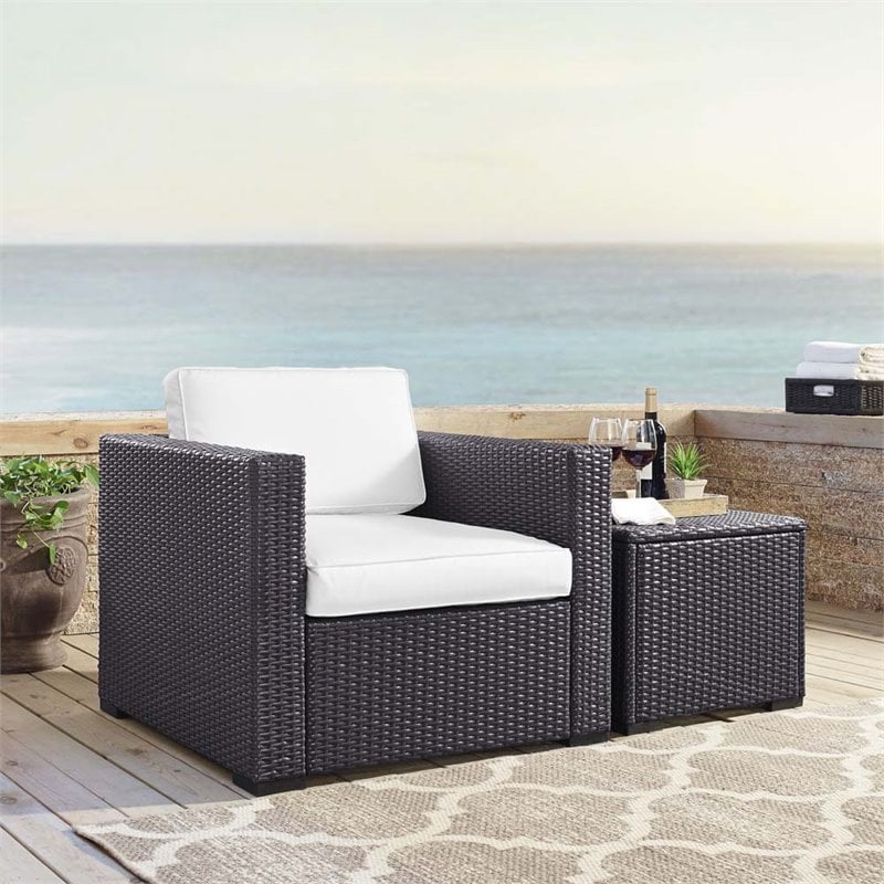 Afuera Living Wicker / Rattan & Fabric Patio Arm Chair in White/Brown