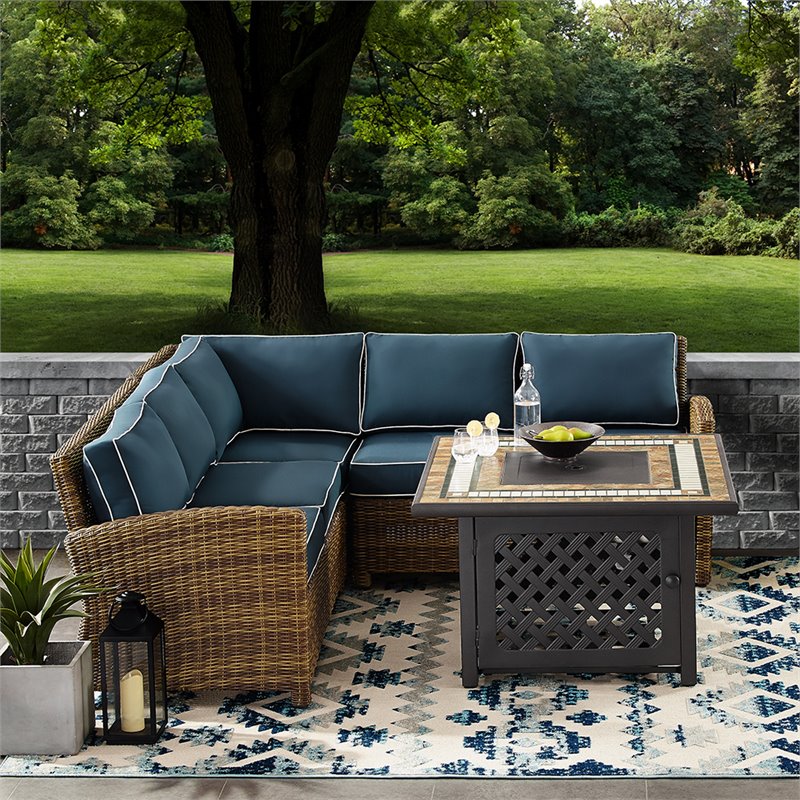 Afuera Living 4-Piece Wicker / Rattan Fire Pit Sectional Set in Navy/Brown