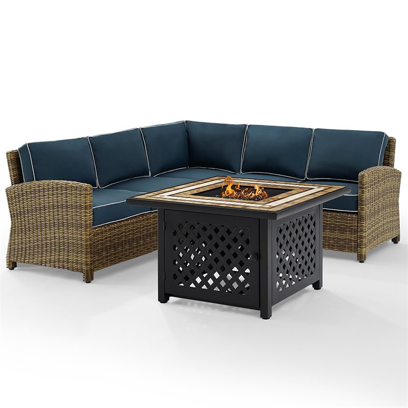 Afuera Living 4-Piece Wicker / Rattan Fire Pit Sectional Set in Navy/Brown