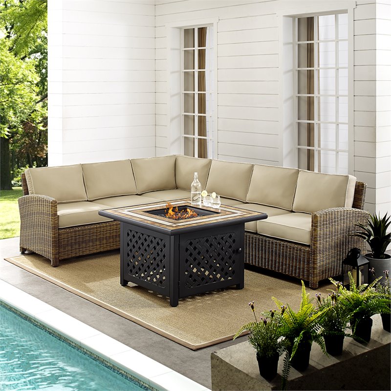 Afuera Living 5-Piece Wicker / Rattan Fire Pit Sectional Set in Sand/Brown