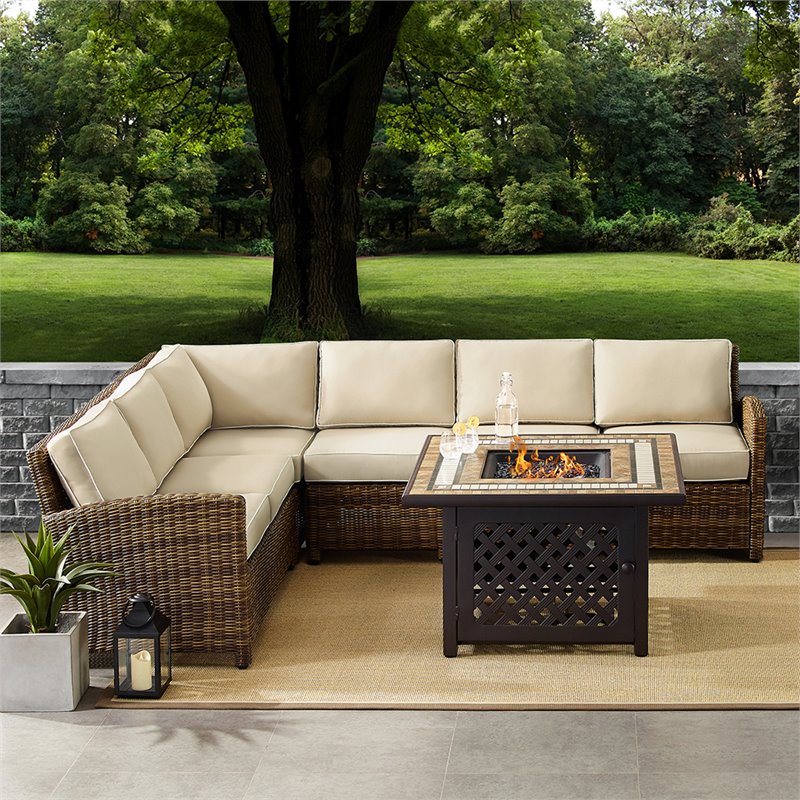 Afuera Living 5-Piece Wicker / Rattan Fire Pit Sectional Set in Sand/Brown