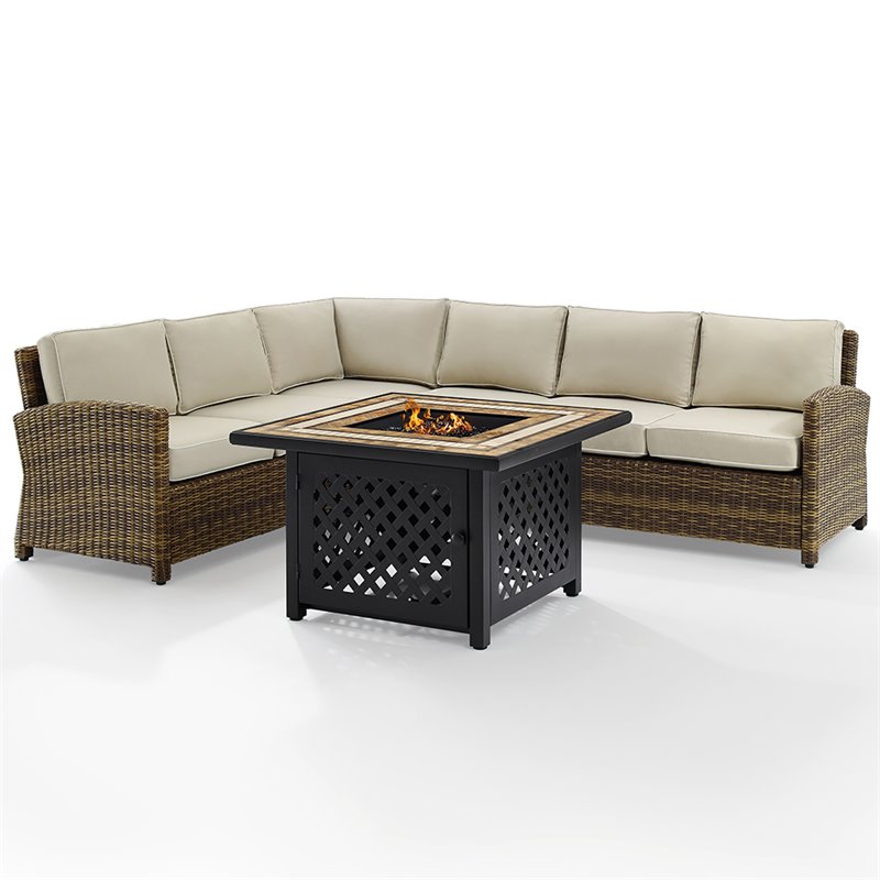 Afuera Living 5-Piece Wicker / Rattan Fire Pit Sectional Set in Sand/Brown