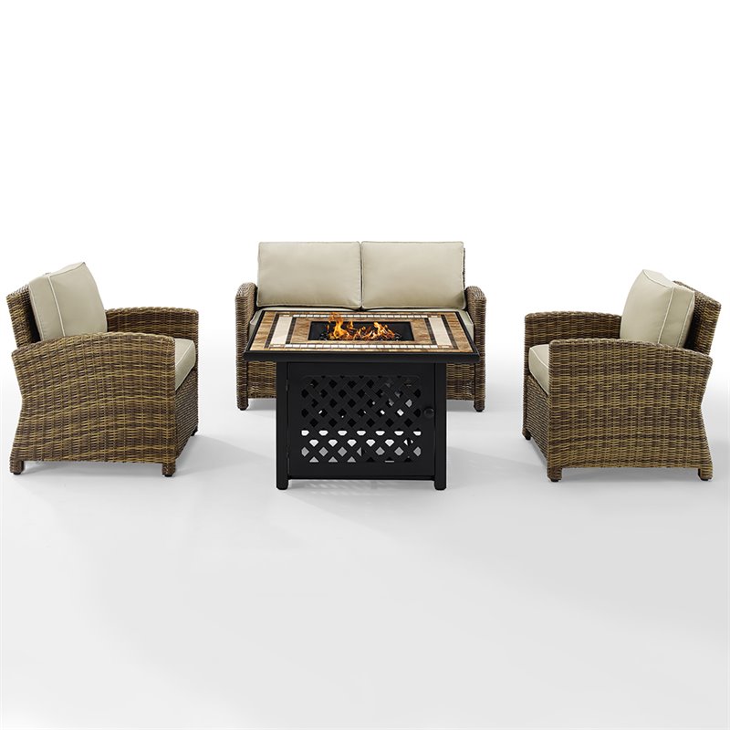 Afuera Living 4-Piece Wicker / Rattan Patio Fire Pit Sofa Set in Sand/Brown