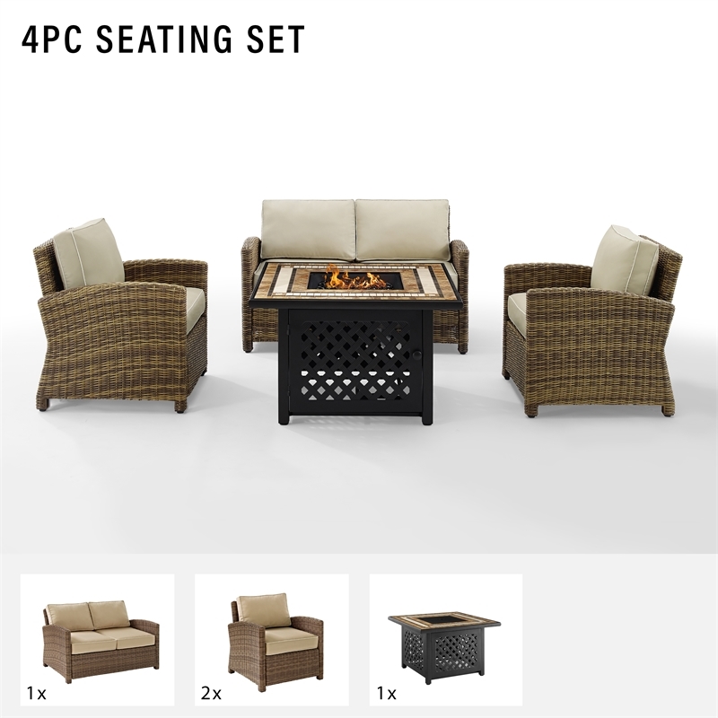 Afuera Living 4-Piece Wicker / Rattan Patio Fire Pit Sofa Set in Sand/Brown