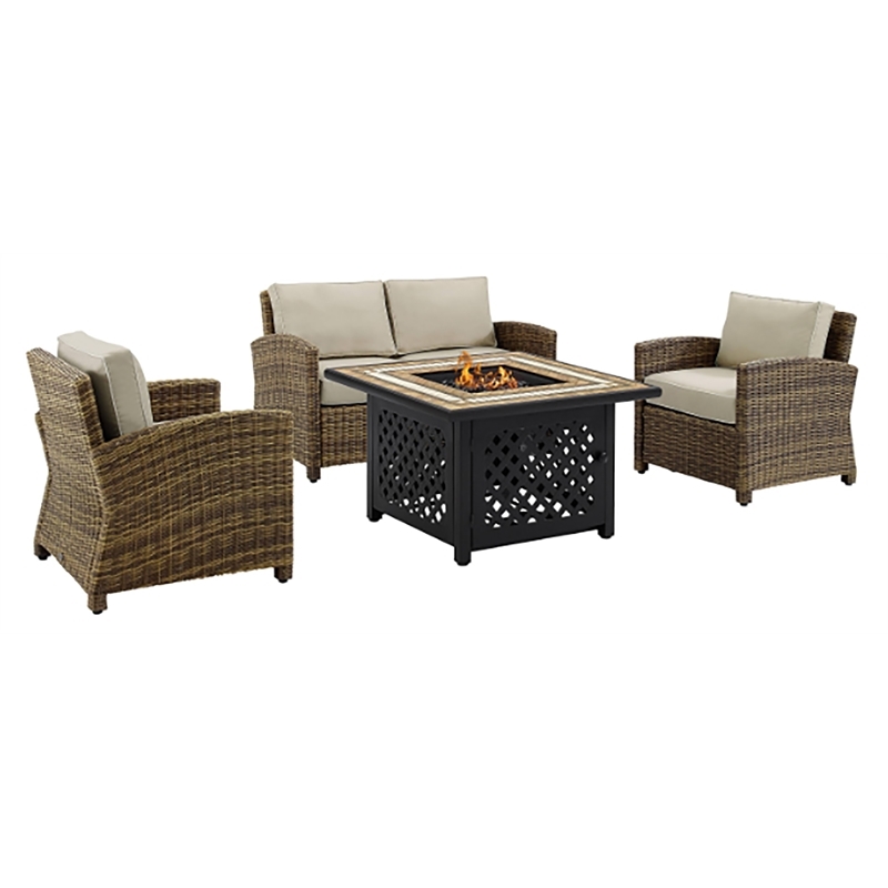 Afuera Living 4-Piece Wicker / Rattan Patio Fire Pit Sofa Set in Sand/Brown