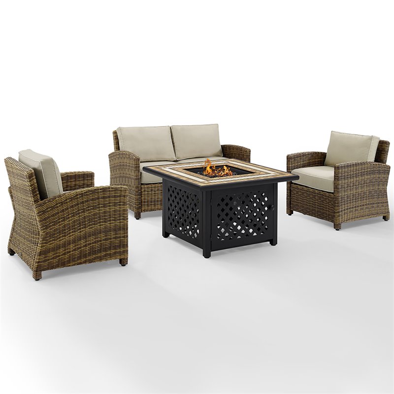 Afuera Living 4-Piece Wicker / Rattan Patio Fire Pit Sofa Set in Sand/Brown