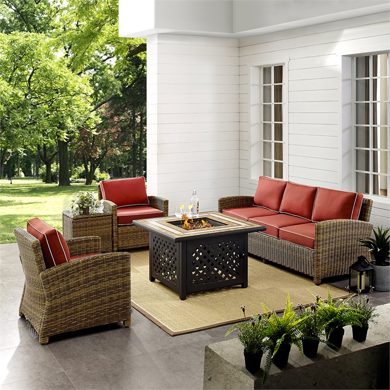 Afuera Living 5-Piece Wicker / Rattan Patio Fire Pit Sofa Set in Red/Brown
