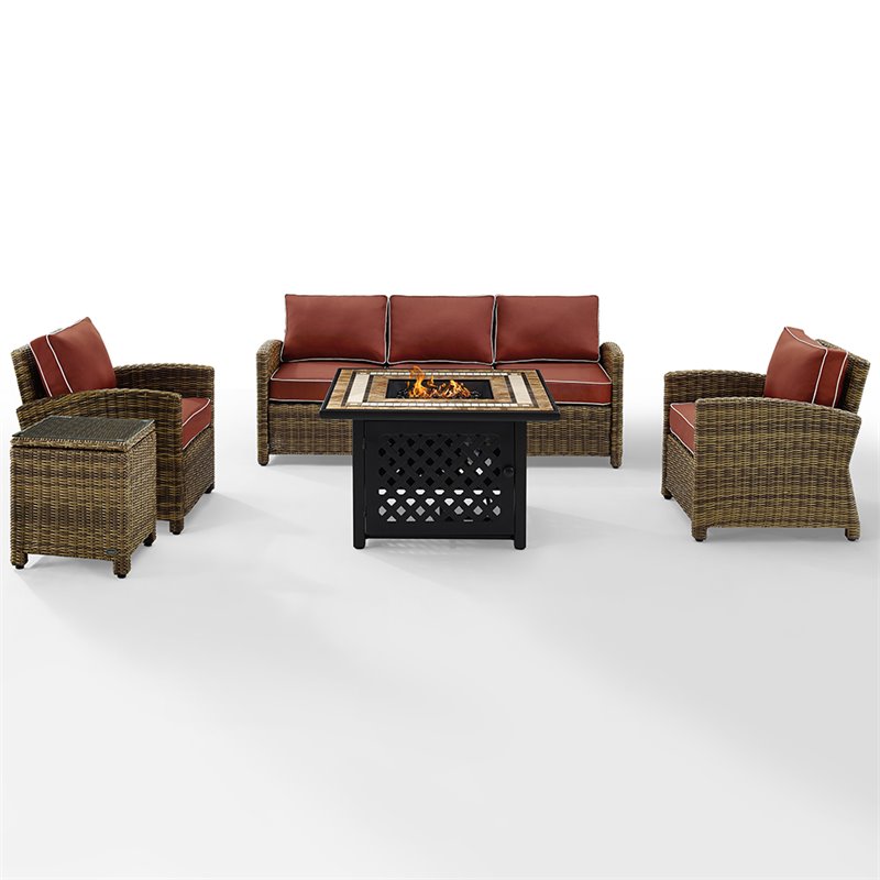 Afuera Living 5-Piece Wicker / Rattan Patio Fire Pit Sofa Set in Red/Brown