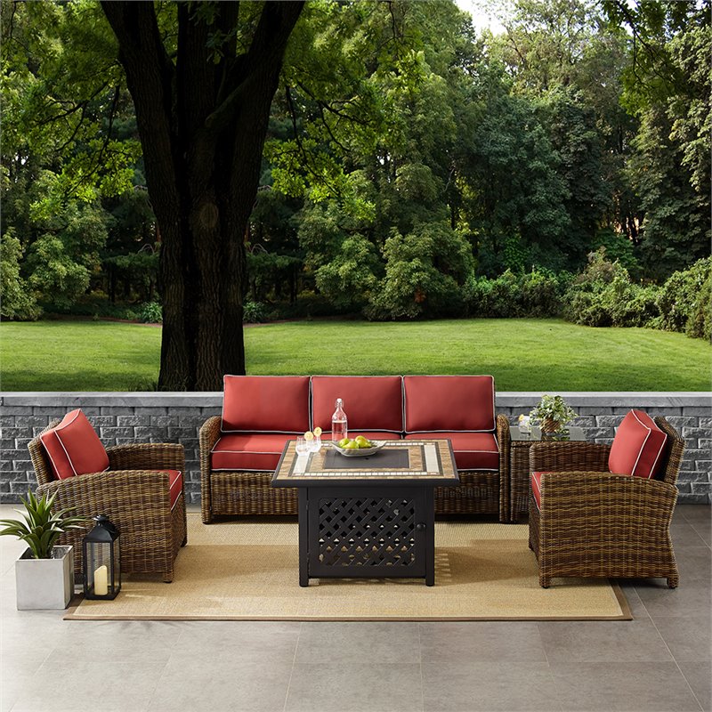 Afuera Living 5-Piece Wicker / Rattan Patio Fire Pit Sofa Set in Red/Brown