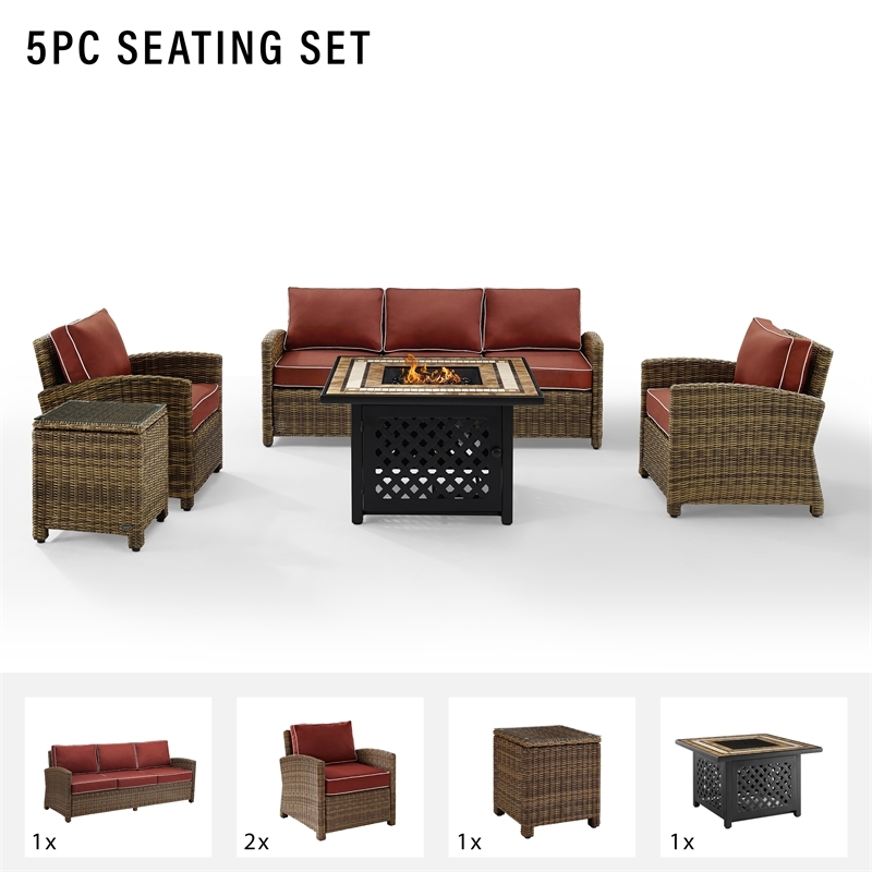 Afuera Living 5-Piece Wicker / Rattan Patio Fire Pit Sofa Set in Red/Brown