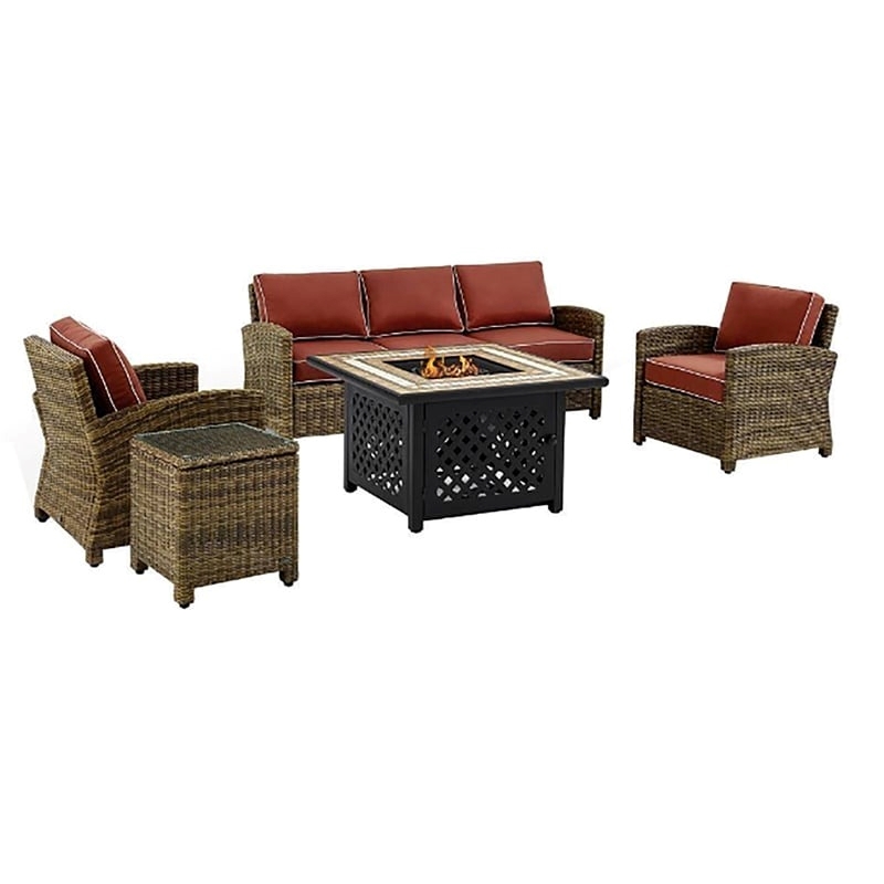 Afuera Living 5-Piece Wicker / Rattan Patio Fire Pit Sofa Set in Red/Brown