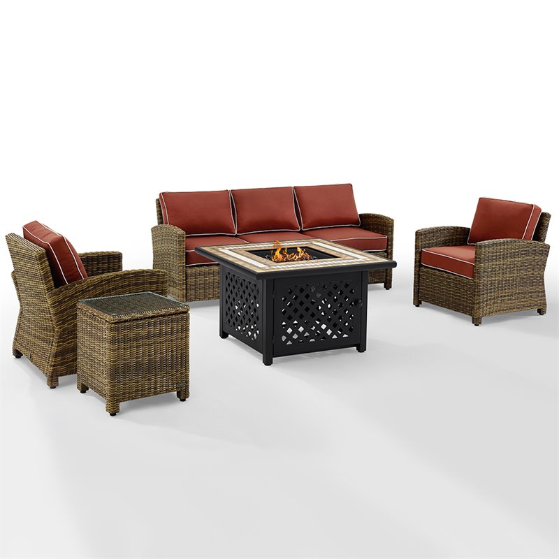 Afuera Living 5-Piece Wicker / Rattan Patio Fire Pit Sofa Set in Red/Brown