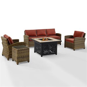 afuera living transitional 5 piece patio fire pit sofa set in brown and sangria