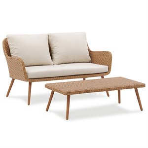 afuera living modern 2 piece wicker patio sofa set in light brown and oatmeal